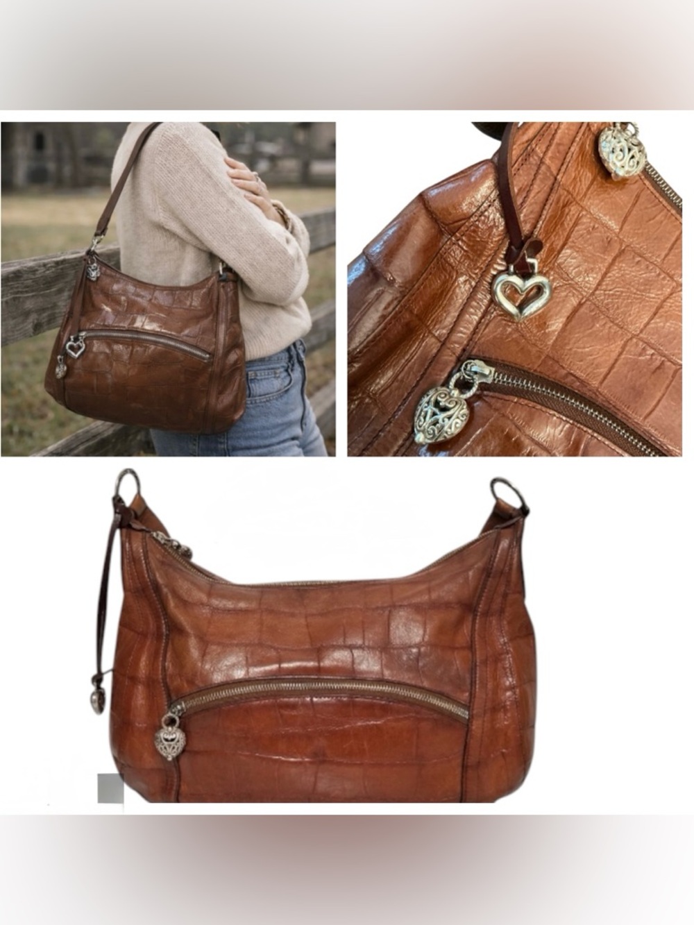 Brighton Bibi Heart Leather Croc Bag D386311